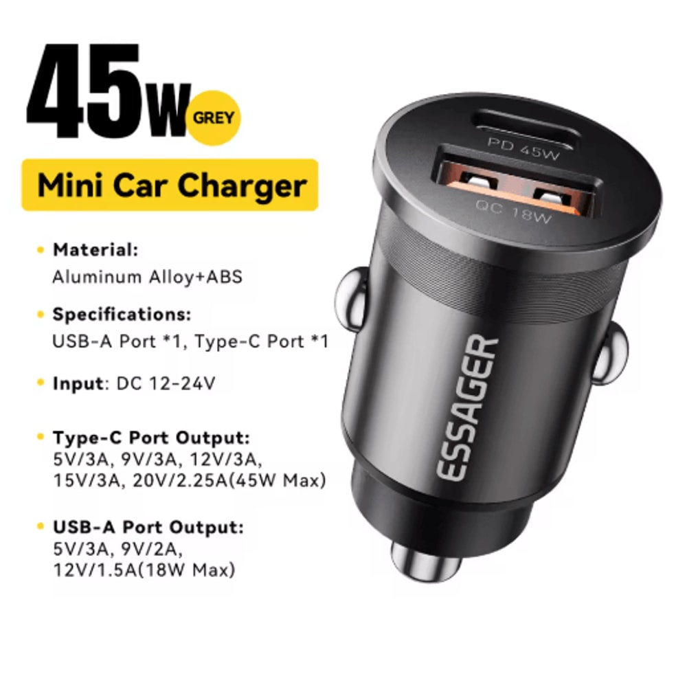 Essager 45W Mini USB C Car Charger PD 30 QC 30 Fast Charging Adapter 2