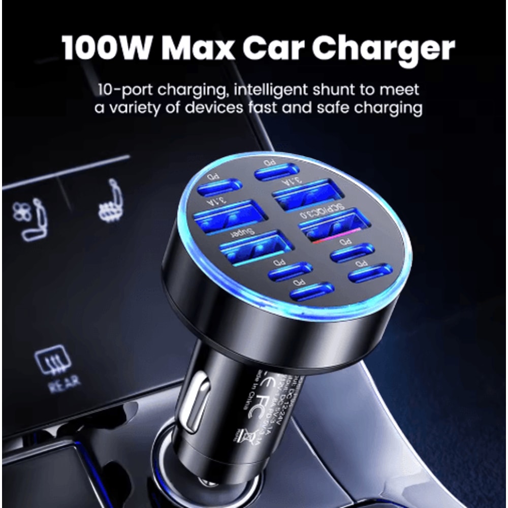 UltraFast 10Port 100W Car Charger With 4 USB 6 PD Power Delivery 5