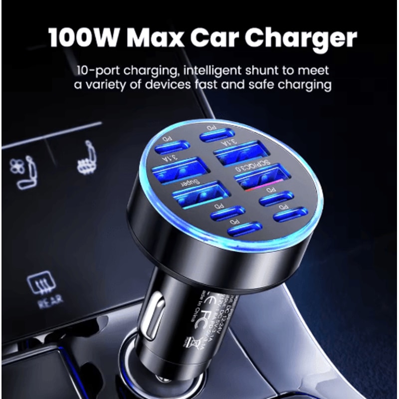 UltraFast 10Port 100W Car Charger With 4 USB 6 PD Power Delivery 5