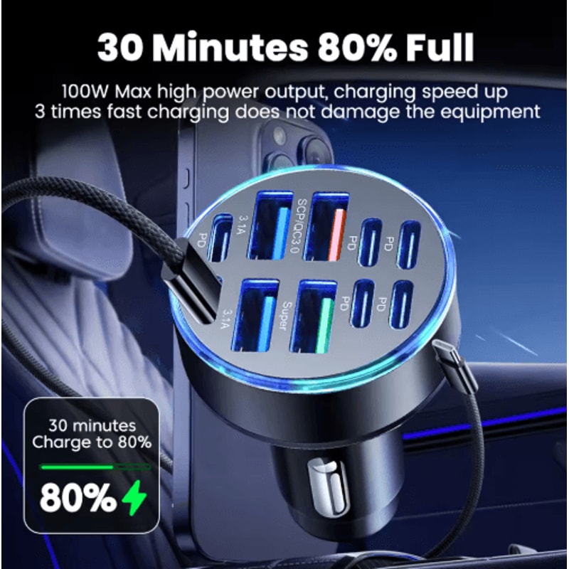 UltraFast 10Port 100W Car Charger With 4 USB 6 PD Power Delivery 6