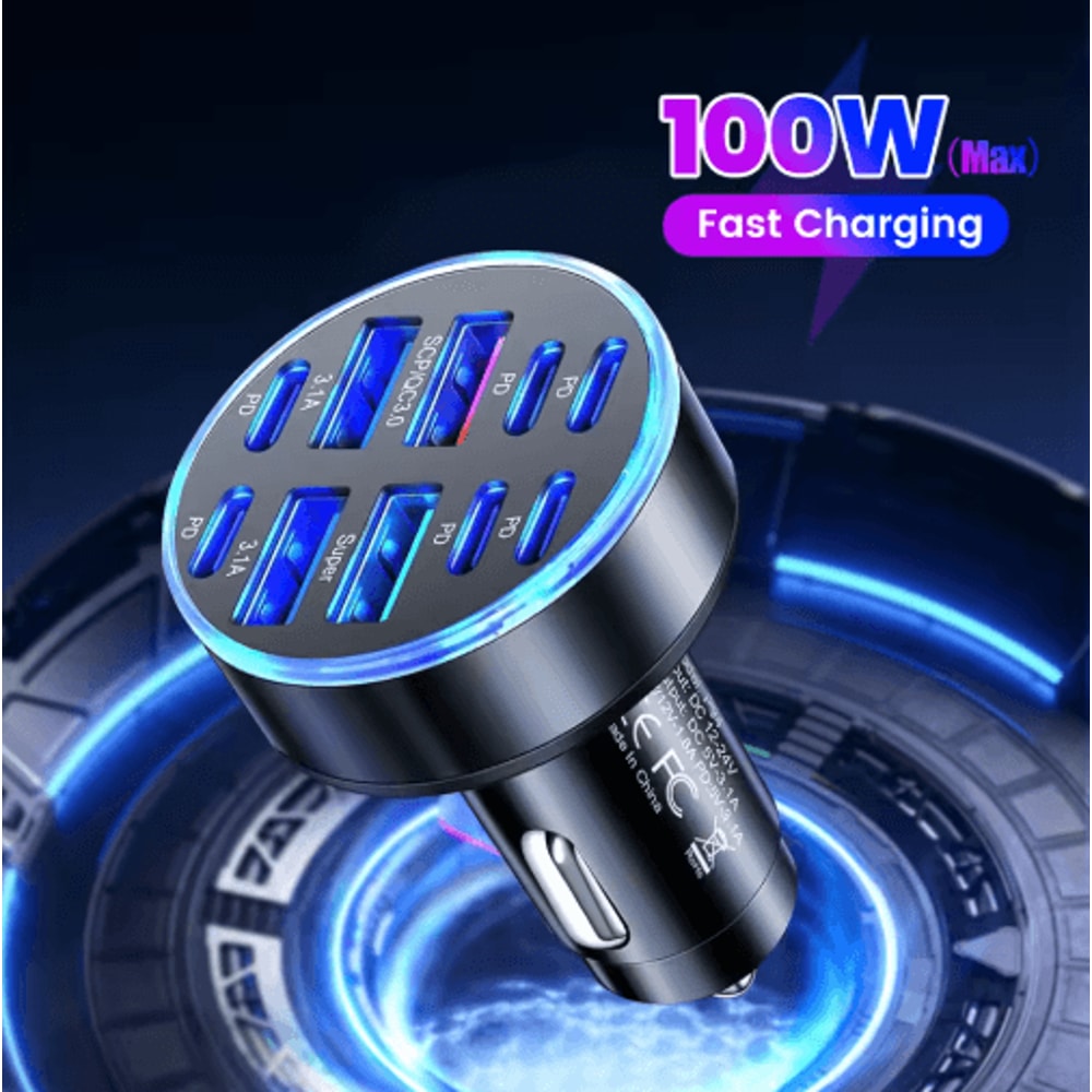 UltraFast 10Port 100W Car Charger With 4 USB 6 PD Power Delivery 0