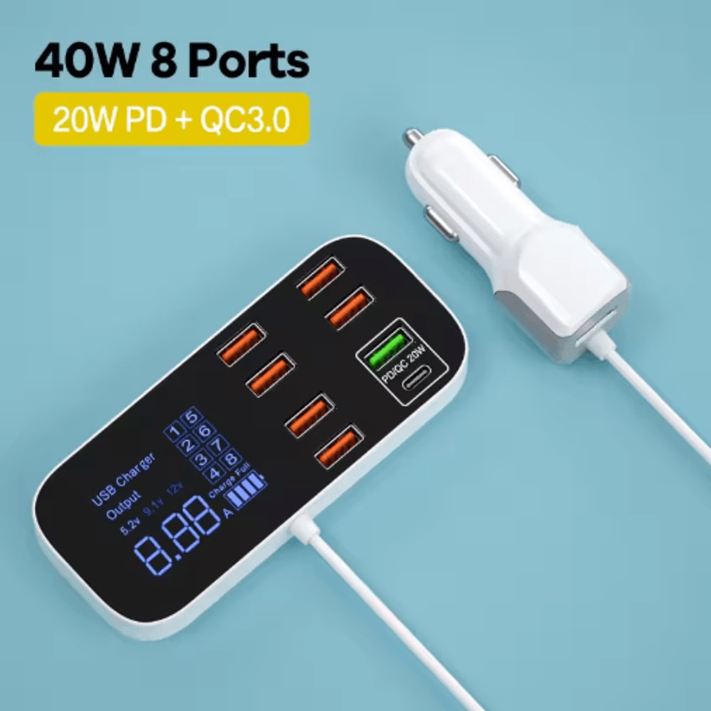 40W 8 Port USB Car Charger With QC30 PD Type C LED Display 1