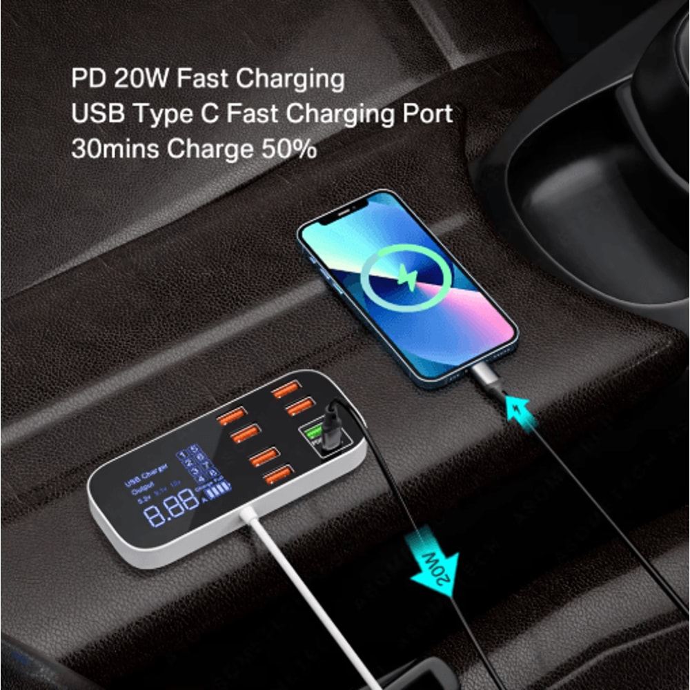 40W 8 Port USB Car Charger With QC30 PD Type C LED Display 6