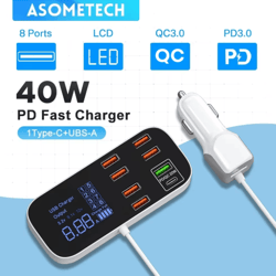 40w 8 port usb car charger with qc3.0, pd type c & led display