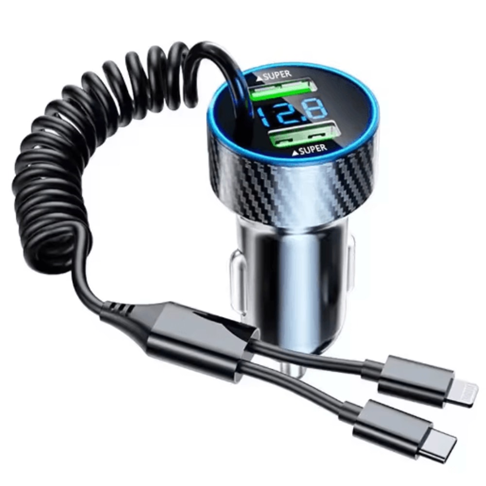 4 In 1 Retractable Car Charger With LED Voltage Monitor Fast Charging 1