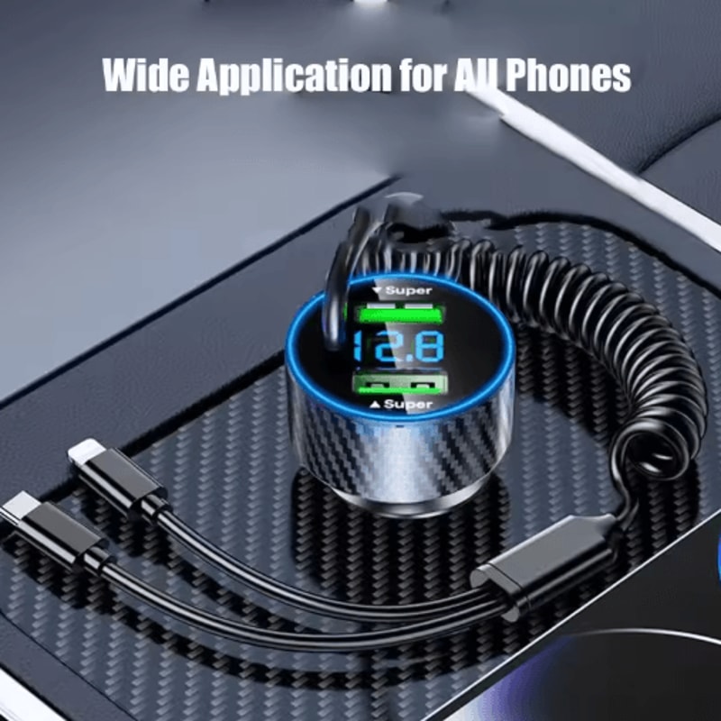 4 In 1 Retractable Car Charger With LED Voltage Monitor Fast Charging 3