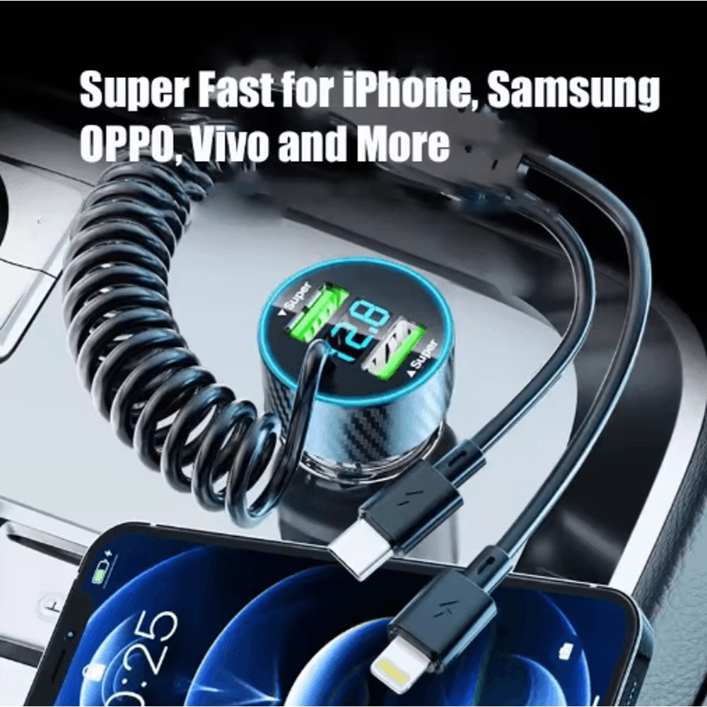 4 In 1 Retractable Car Charger With LED Voltage Monitor Fast Charging 6