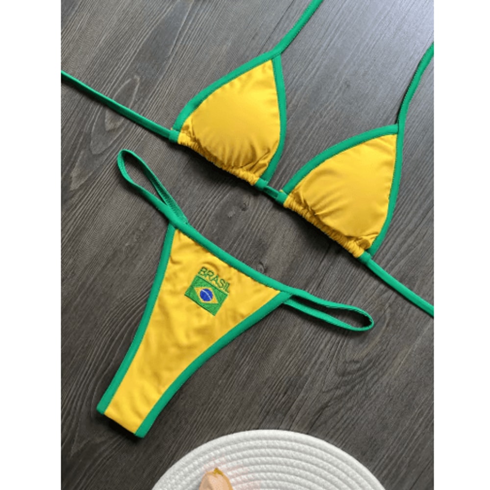 Embroidered Brazil Flag Bikini Contrast Split Patchwork Swimsuit 1