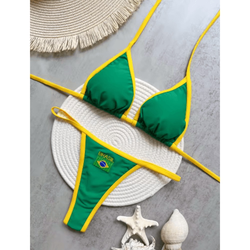 Embroidered Brazil Flag Bikini Contrast Split Patchwork Swimsuit 2