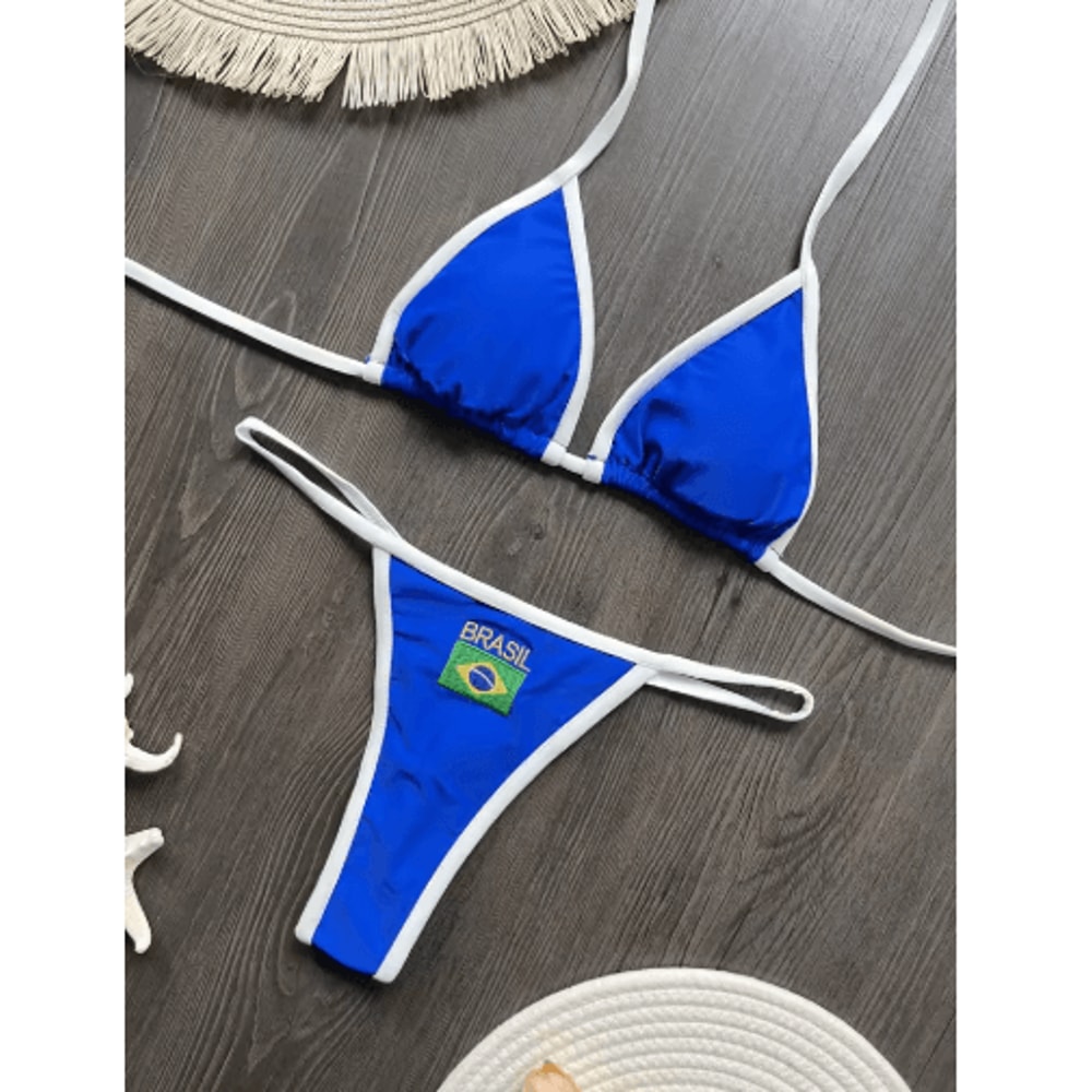 Embroidered Brazil Flag Bikini Contrast Split Patchwork Swimsuit 0