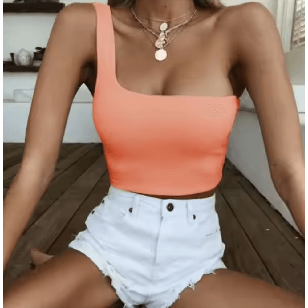 Womens One Shoulder Crop Top Sleeveless Summer Beach Tank 2