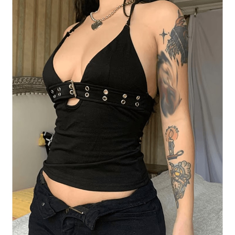 Y2K Black Backless Lace Up Crop Top Retro Bandage Party Vest 1