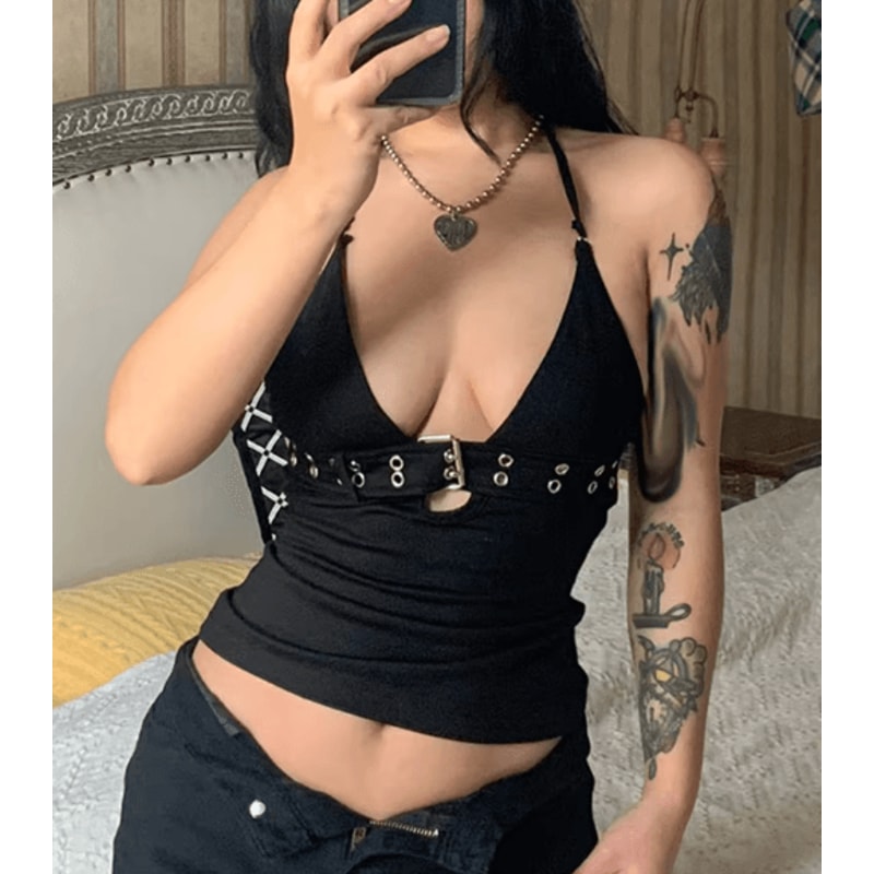 Y2K Black Backless Lace Up Crop Top Retro Bandage Party Vest 2