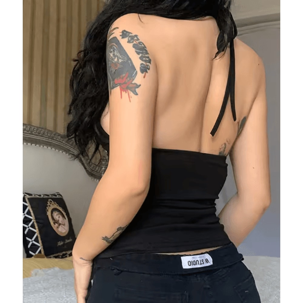 Y2K Black Backless Lace Up Crop Top Retro Bandage Party Vest 3
