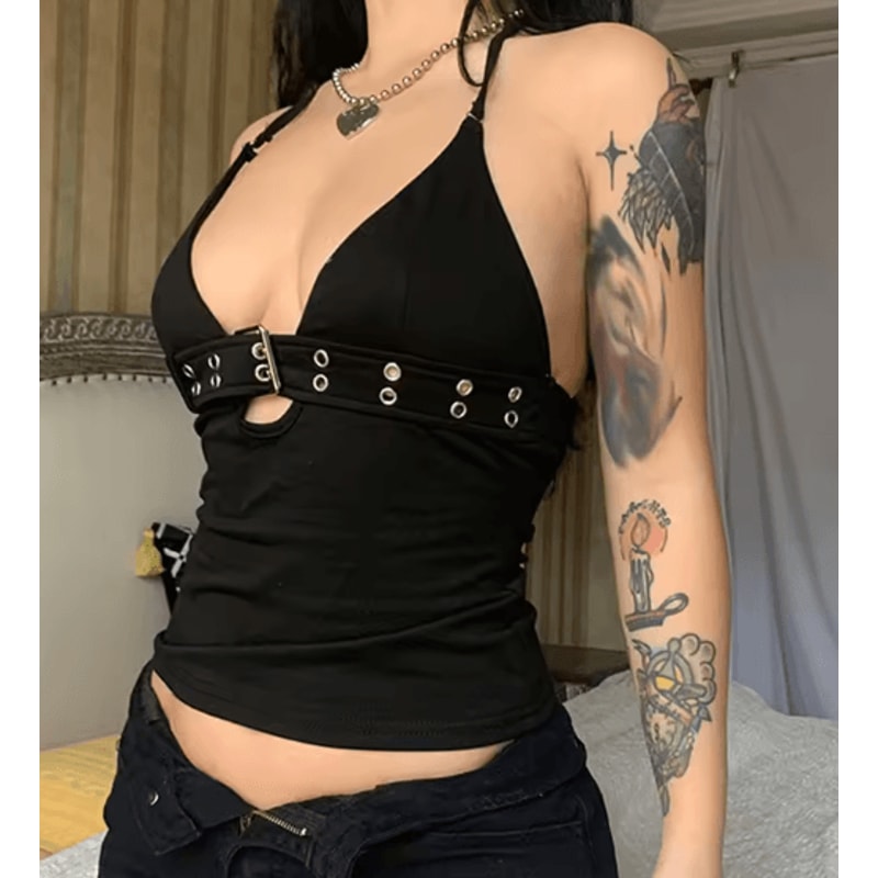 Y2K Black Backless Lace Up Crop Top Retro Bandage Party Vest 4