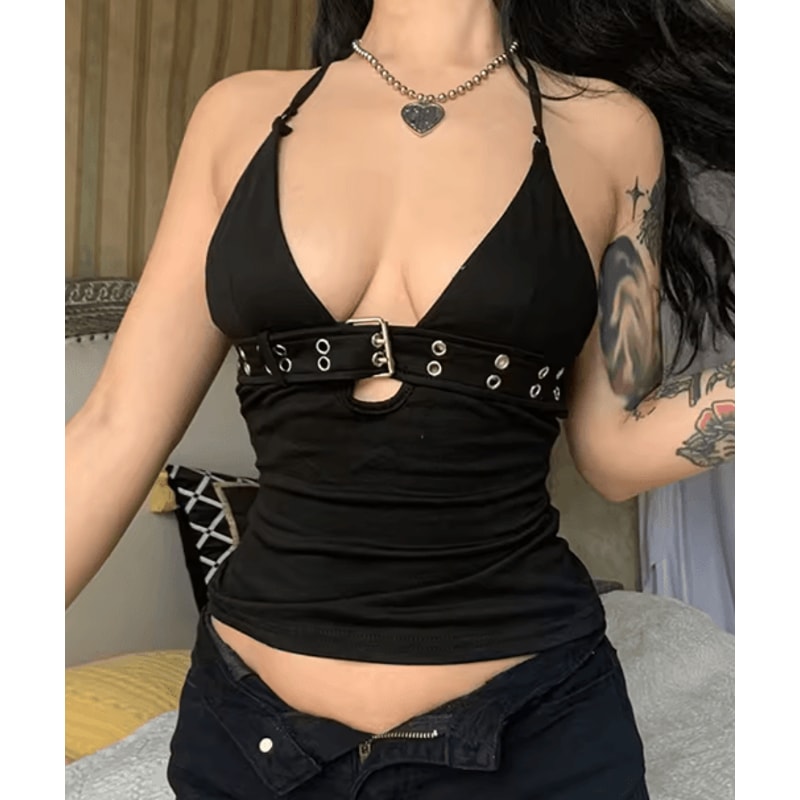 Y2K Black Backless Lace Up Crop Top Retro Bandage Party Vest 0