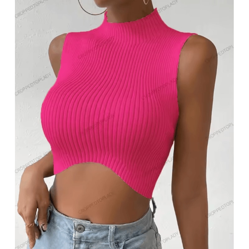 Womens Knit Corset Crop Top Mock Neck Y2K Stretch Tank 2