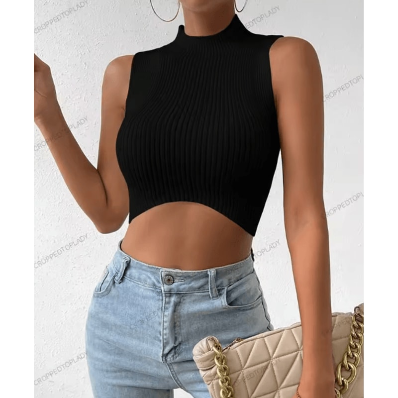 Womens Knit Corset Crop Top Mock Neck Y2K Stretch Tank 4