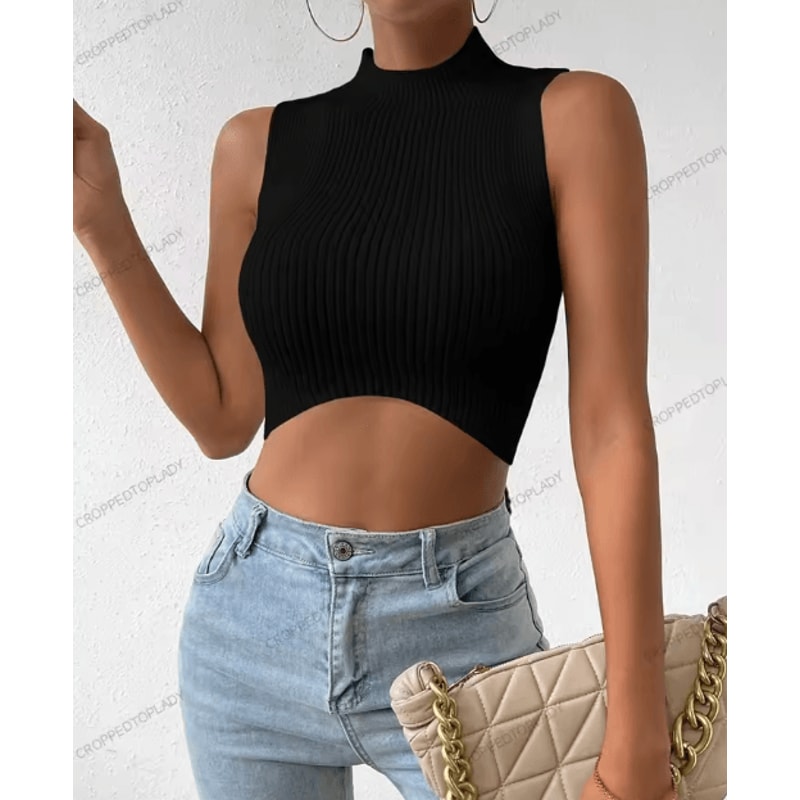 Womens Knit Corset Crop Top Mock Neck Y2K Stretch Tank 7