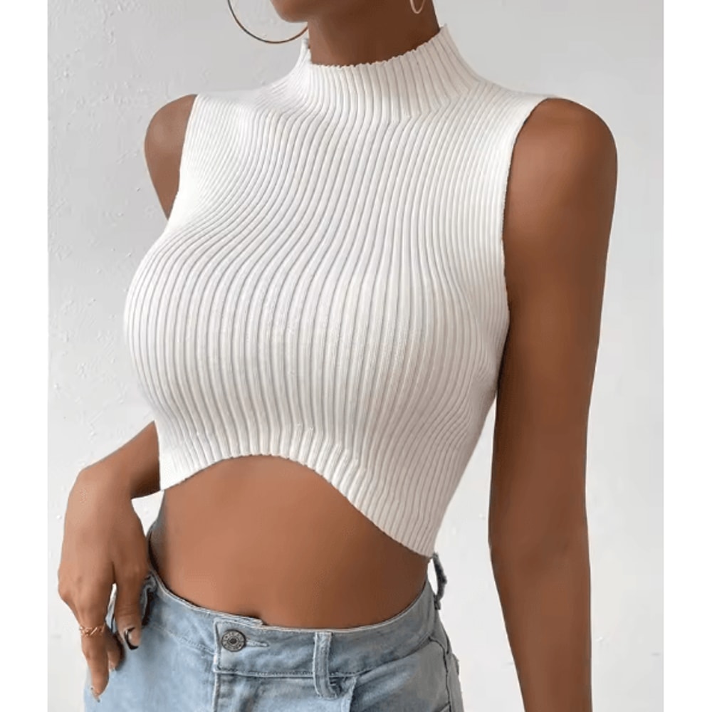 Womens Knit Corset Crop Top Mock Neck Y2K Stretch Tank 0