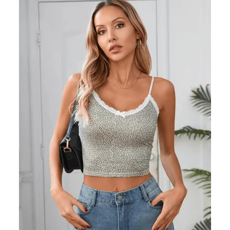 Hugcitar 2025 Leopard Print Crop Cami Lace Patchwork Y2K Party Top 1