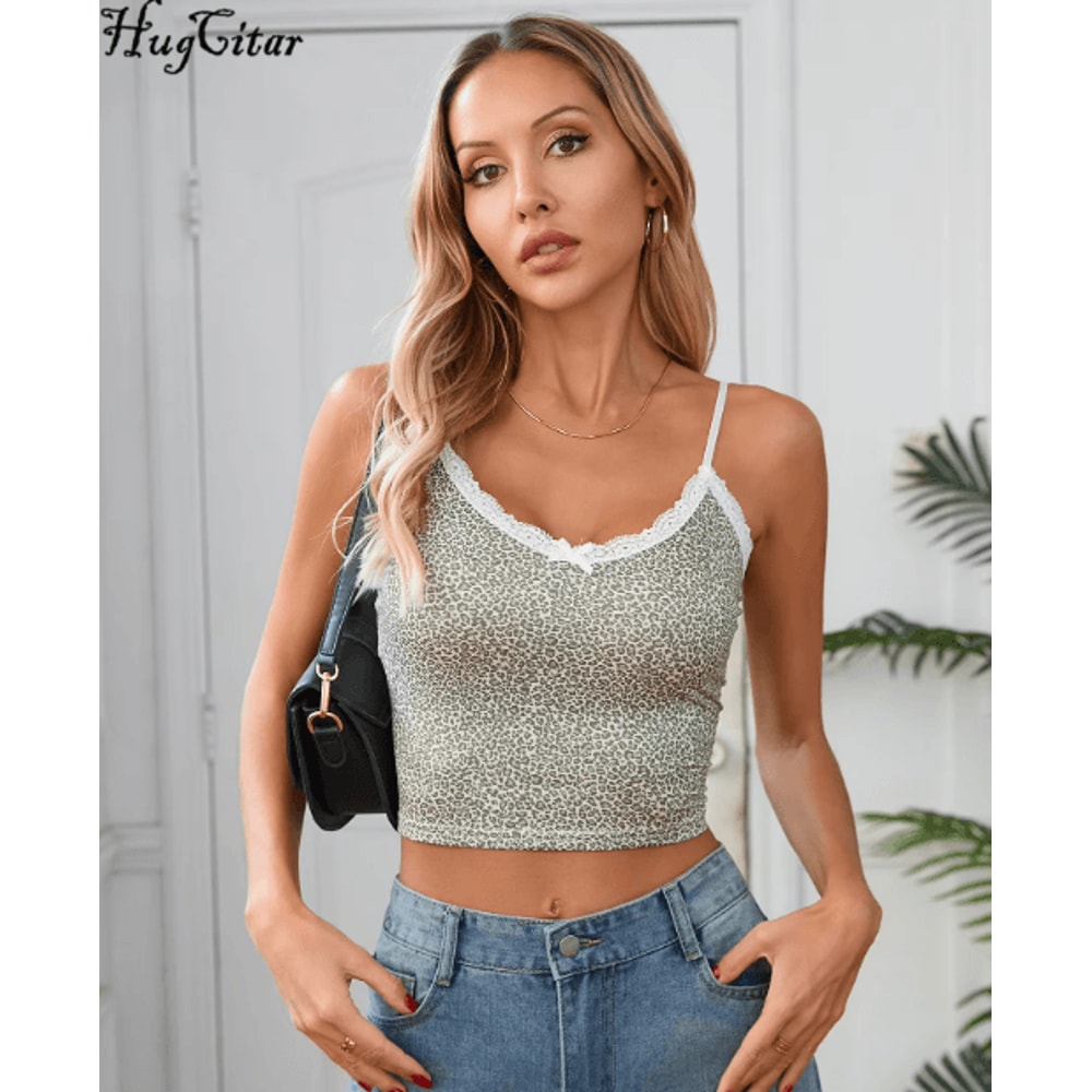 Hugcitar 2025 Leopard Print Crop Cami Lace Patchwork Y2K Party Top 4