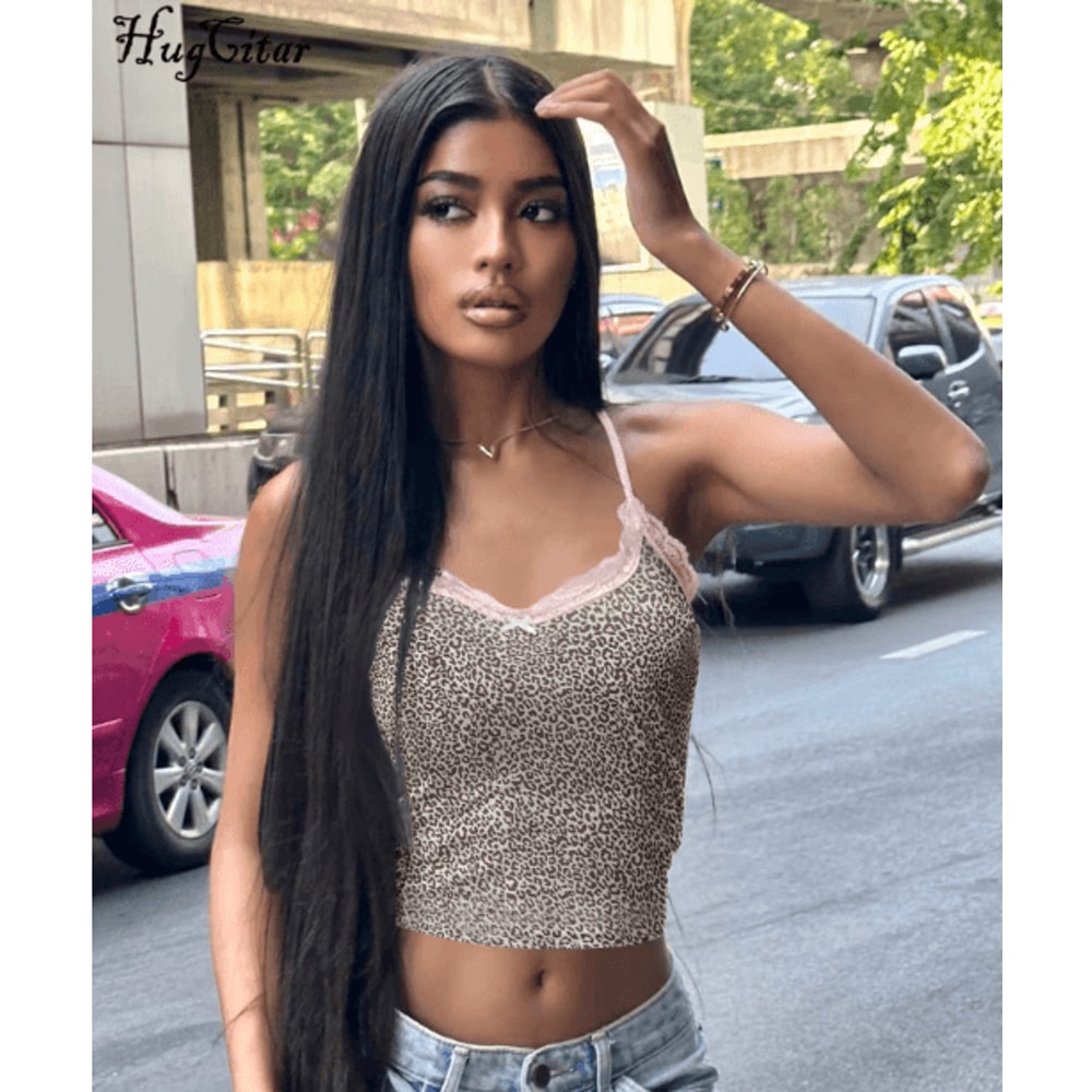 Hugcitar 2025 Leopard Print Crop Cami Lace Patchwork Y2K Party Top 6