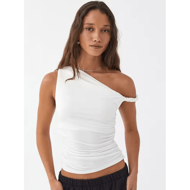 Womens Off Shoulder Ruched Crop Top Basic Summer Sleeveless Vest 1