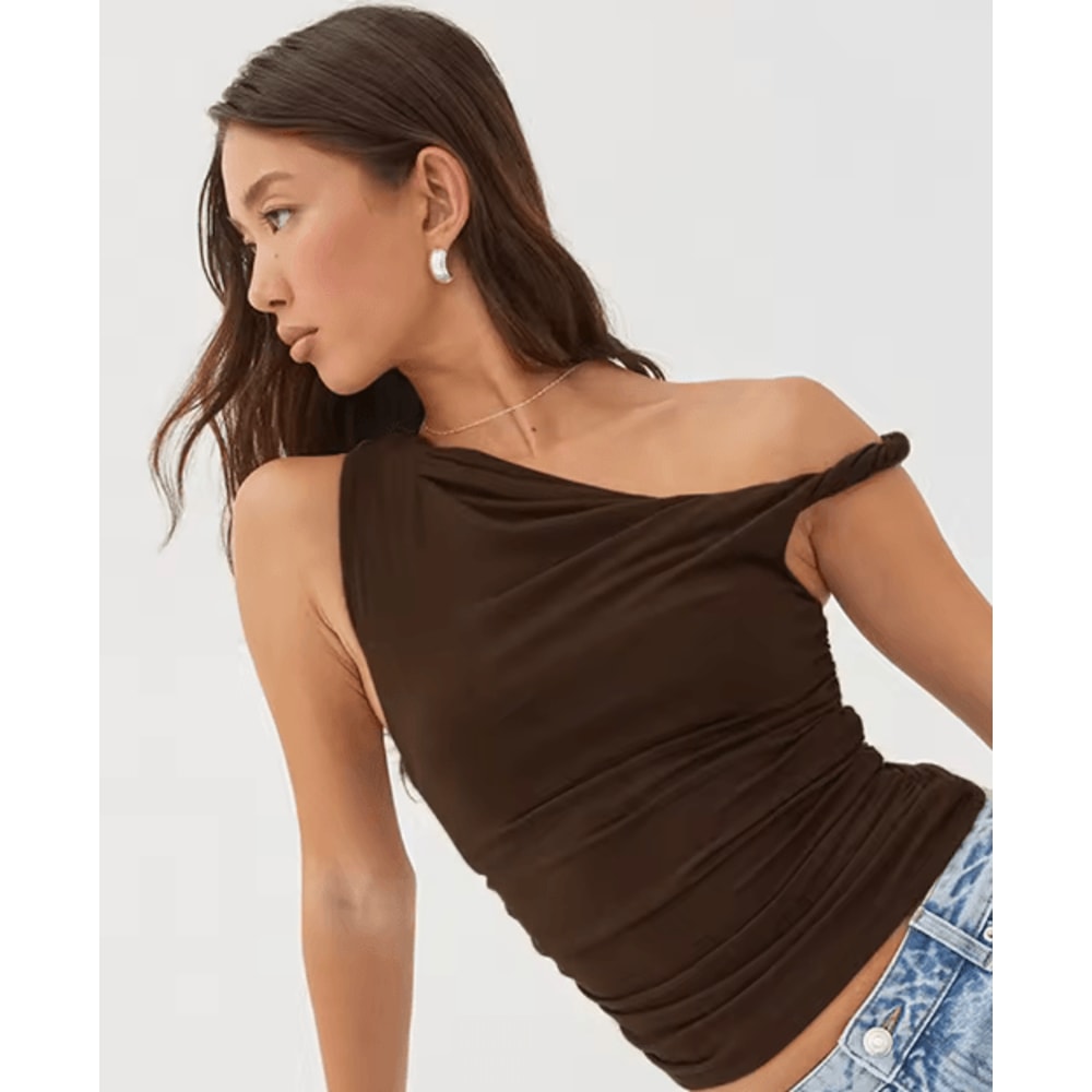 Womens Off Shoulder Ruched Crop Top Basic Summer Sleeveless Vest 5