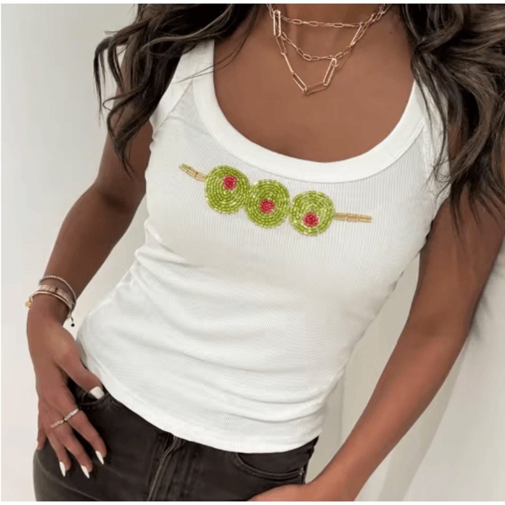 Combhasaki Glitter Pearl Crop Top Sheer Beaded Sleeveless Vest 4