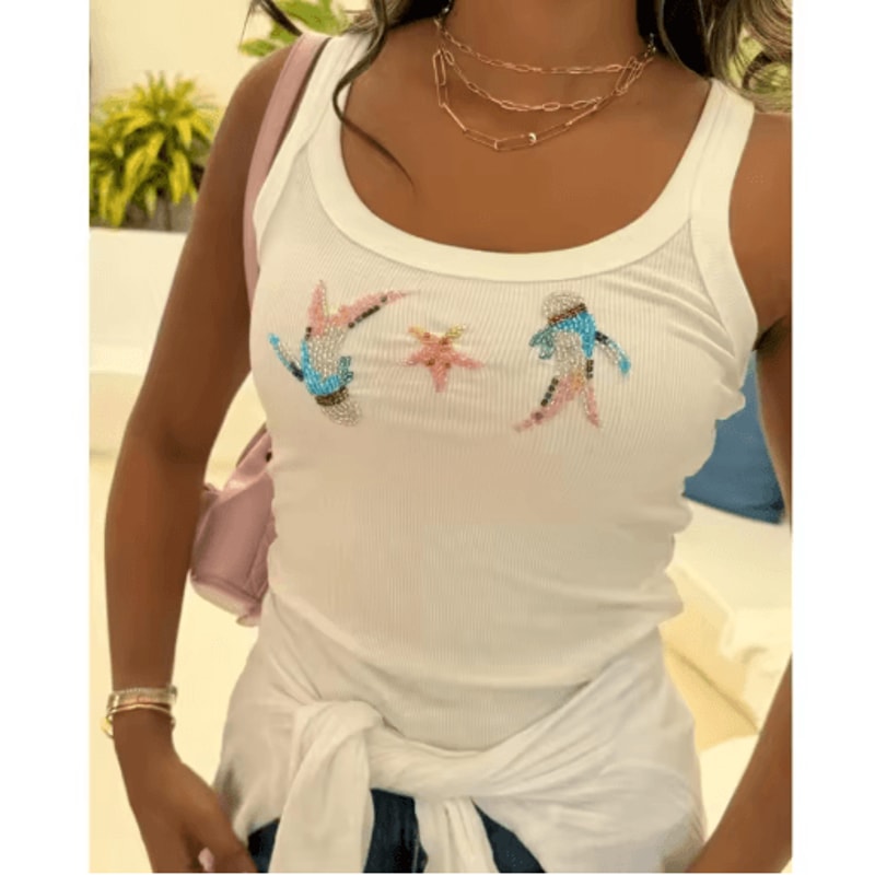 Combhasaki Glitter Pearl Crop Top Sheer Beaded Sleeveless Vest 6