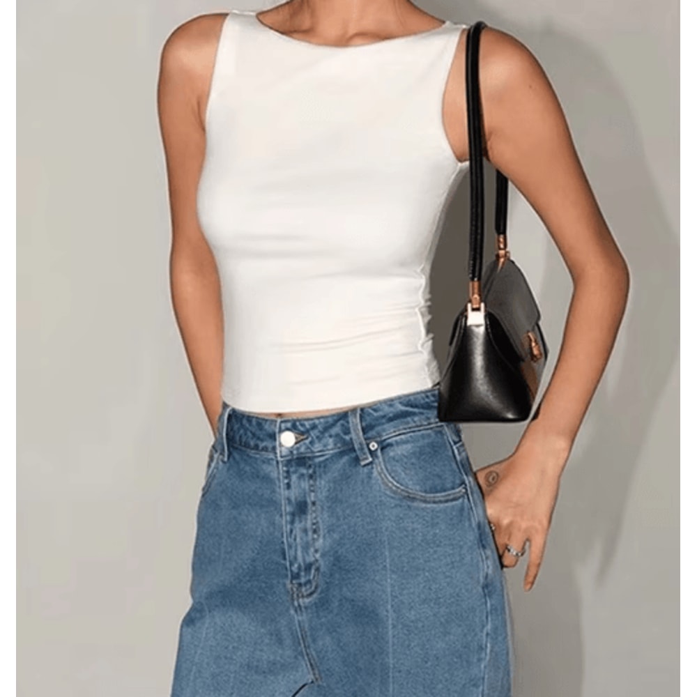 Womens Double Layer Boat Neck Tank Soft Slinky Sleeveless Top 1