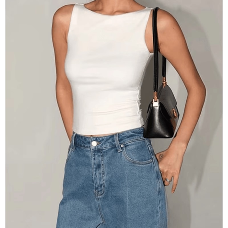 Womens Double Layer Boat Neck Tank Soft Slinky Sleeveless Top 1