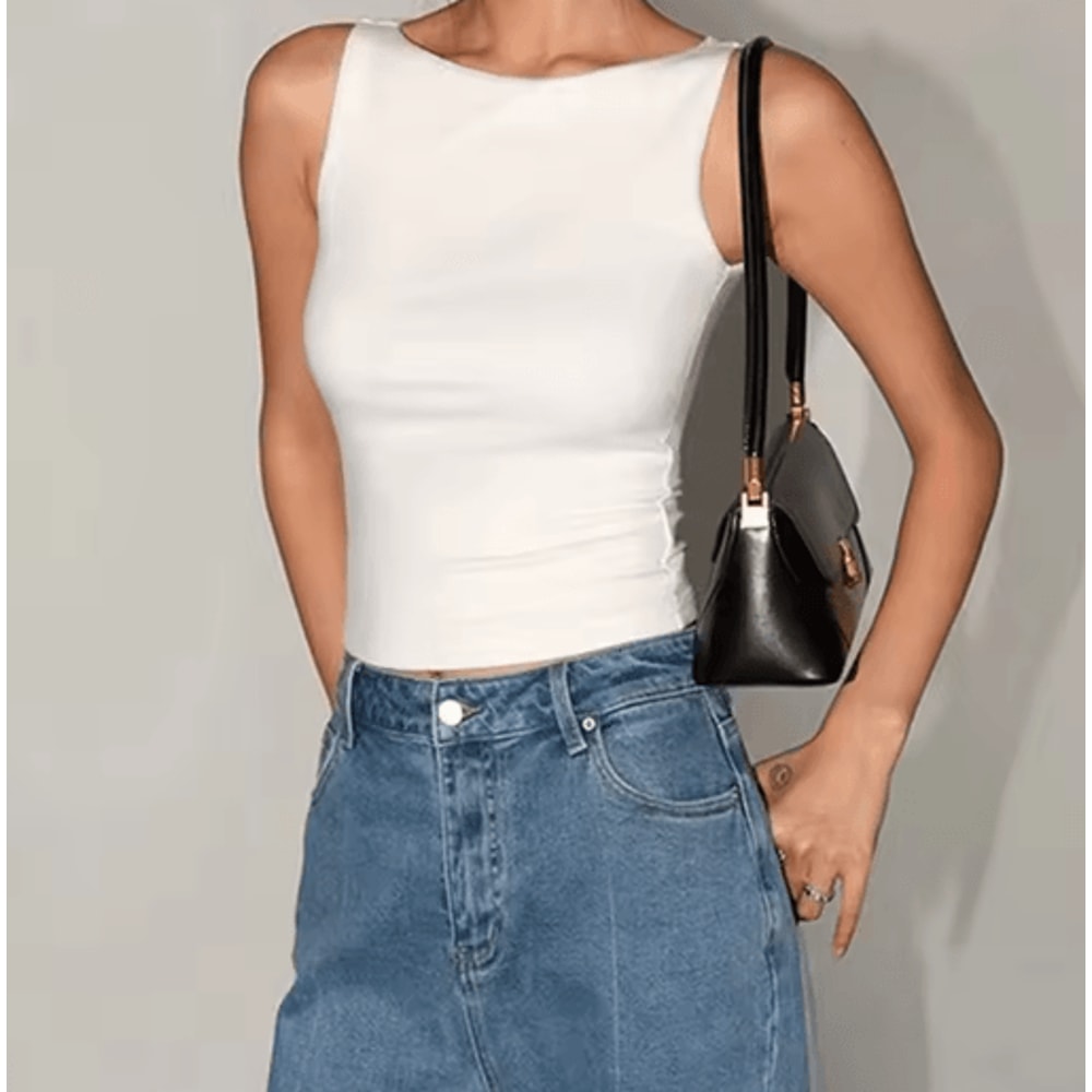 Womens Double Layer Boat Neck Tank Soft Slinky Sleeveless Top 6