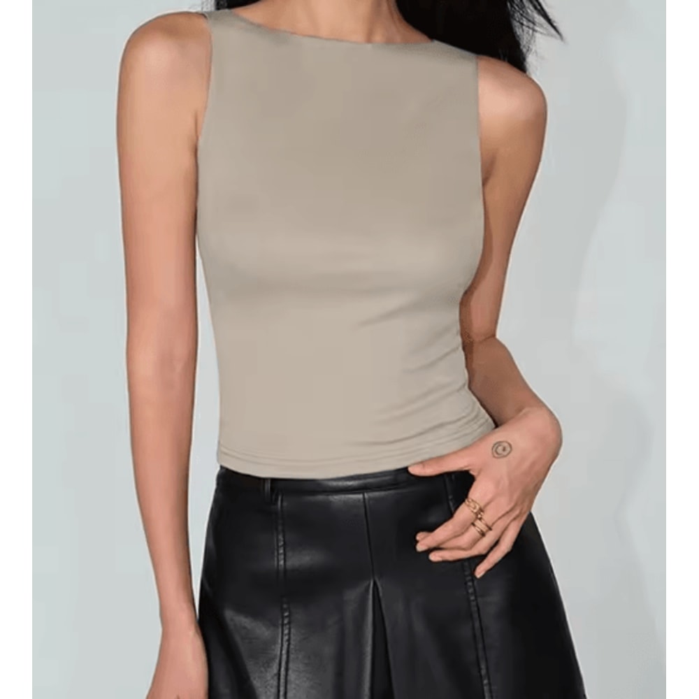 Womens Double Layer Boat Neck Tank Soft Slinky Sleeveless Top 0