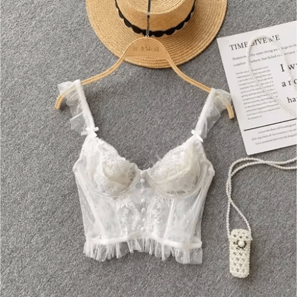 French Chic Lace Corset Camisole Sheer Backless Spaghetti Strap Top 2