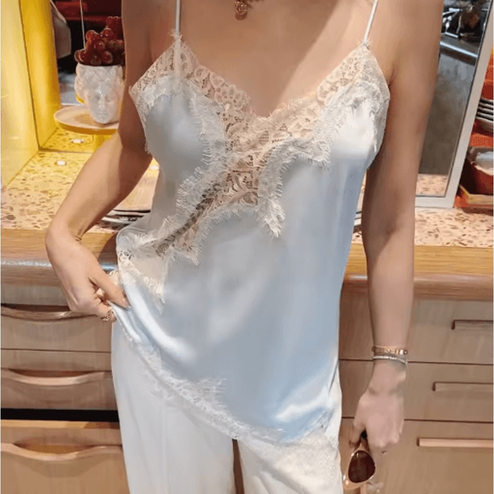 HXAO Y2K Lace Camisole Asymmetrical Satin Backless Slip Top 6