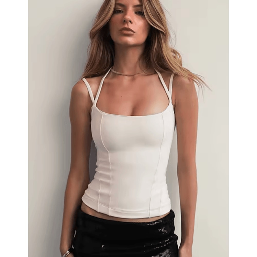 Womens Shoulder Bared Slim Fit Top Double Rope Strap Vest 0