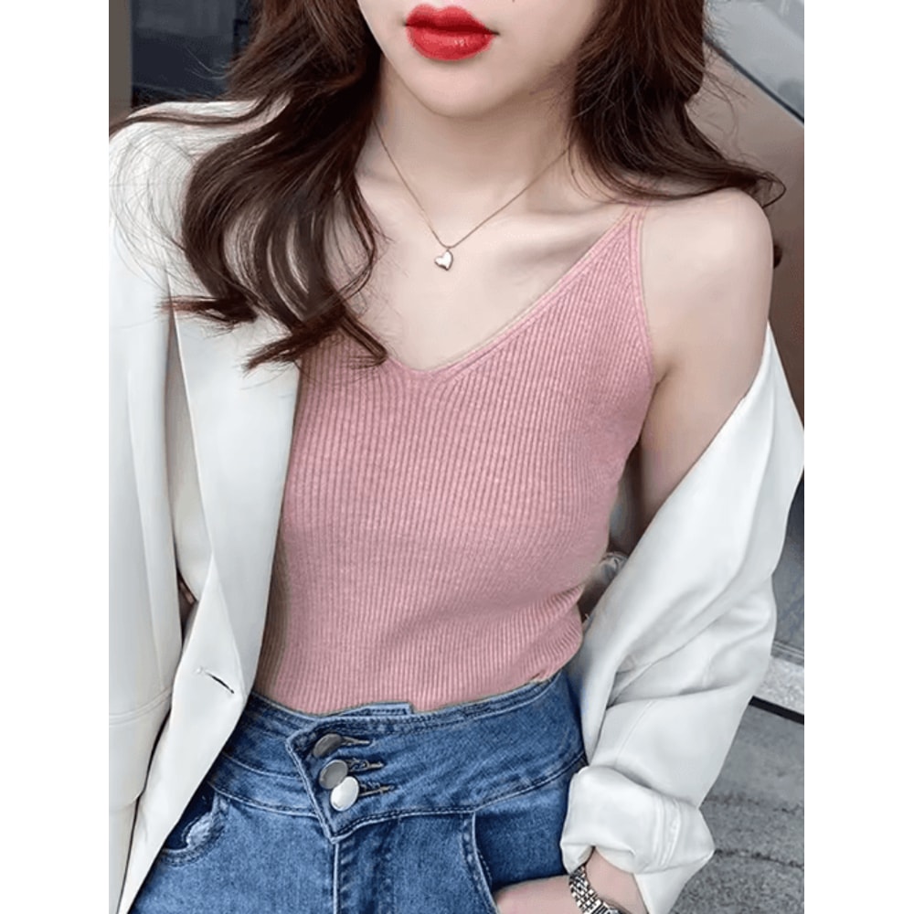 Korean Style V Neck Knit Cami Elastic Suspender Summer Tank 1