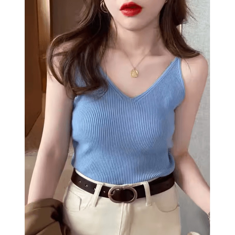 Korean Style V Neck Knit Cami Elastic Suspender Summer Tank 0
