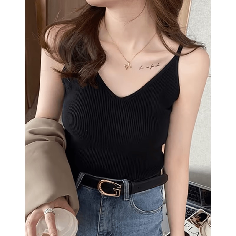 Korean Style V Neck Knit Cami Elastic Suspender Summer Tank 4
