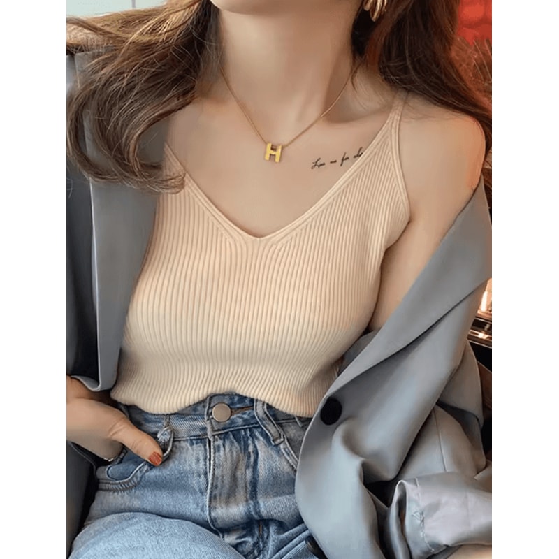 Korean Style V Neck Knit Cami Elastic Suspender Summer Tank 5