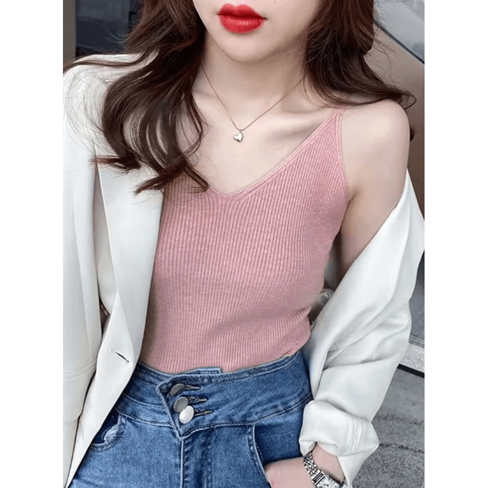 Korean Style V Neck Knit Cami Elastic Suspender Summer Tank 7