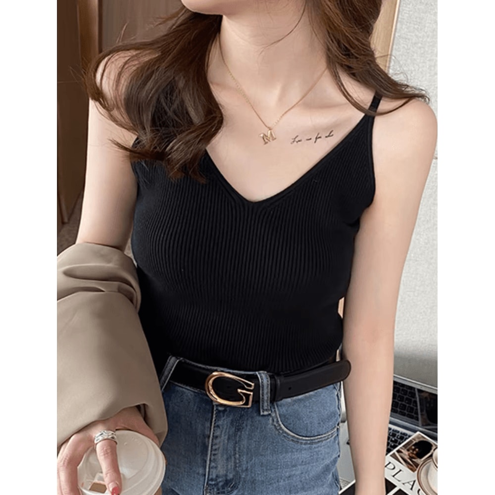Korean Style V Neck Knit Cami Elastic Suspender Summer Tank 9