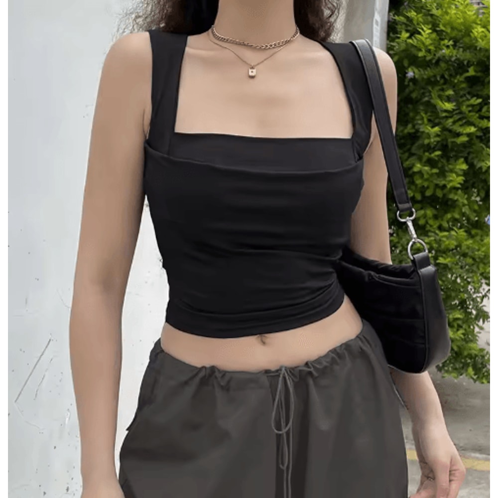 Womens Square Neck Low Cut Camisole Pleated Slim Fit Summer Top 1