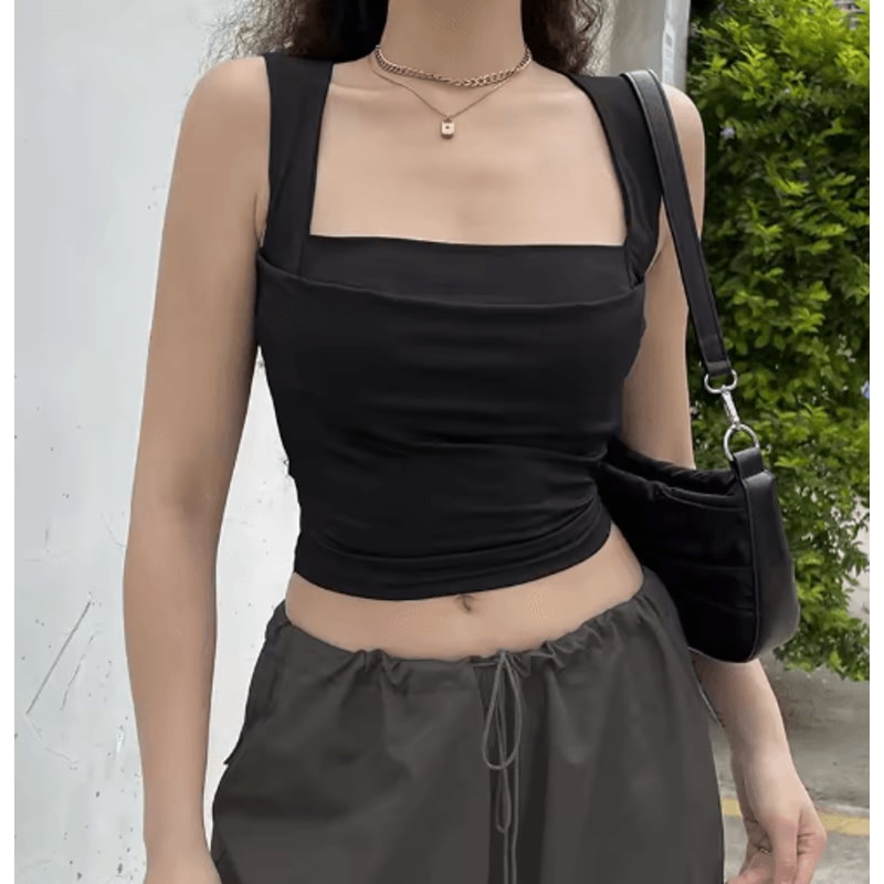 Womens Square Neck Low Cut Camisole Pleated Slim Fit Summer Top 1