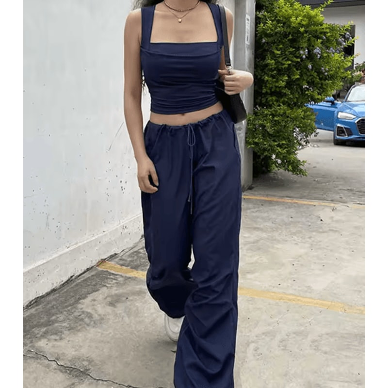 Womens Square Neck Low Cut Camisole Pleated Slim Fit Summer Top 4