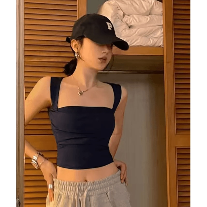 Womens Square Neck Low Cut Camisole Pleated Slim Fit Summer Top 6