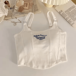 womens embroidered letter crop top with bra pad and iron ring detail