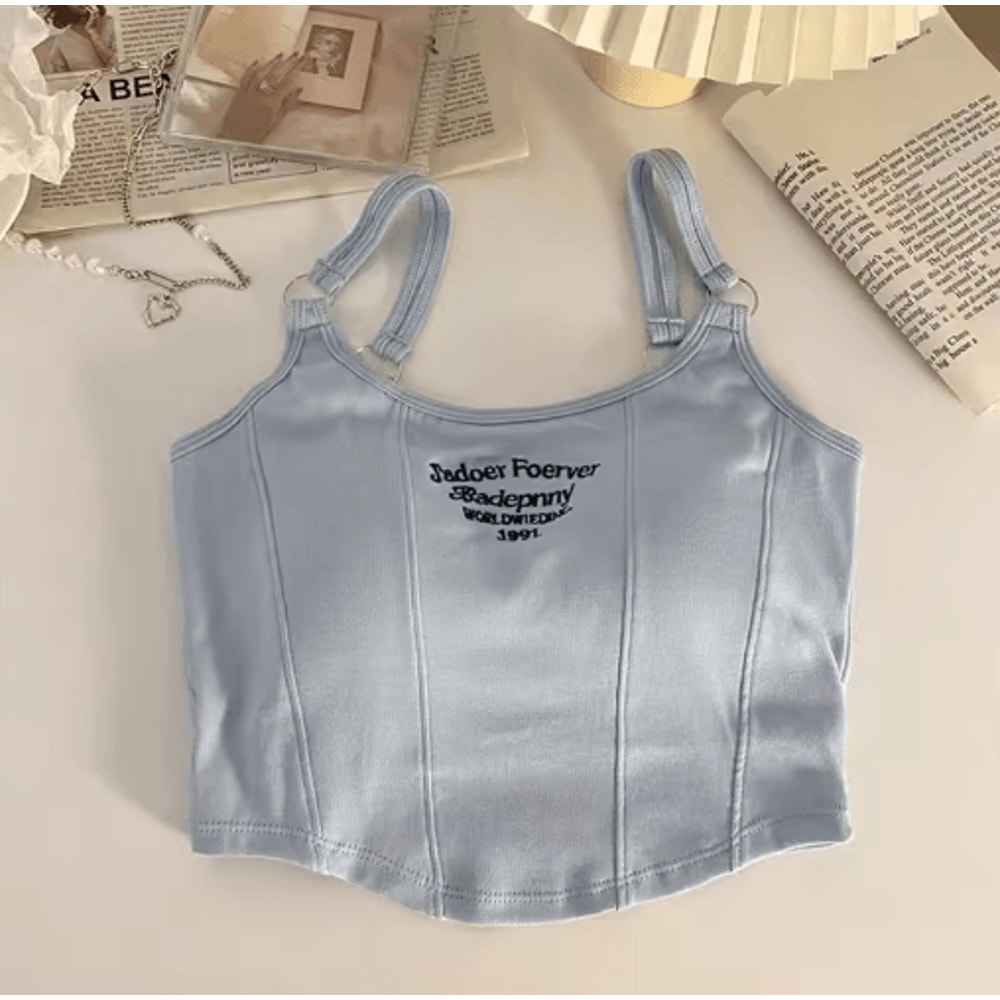 Womens Embroidered Letter Crop Top With Bra Pad And Iron Ring Detail 2